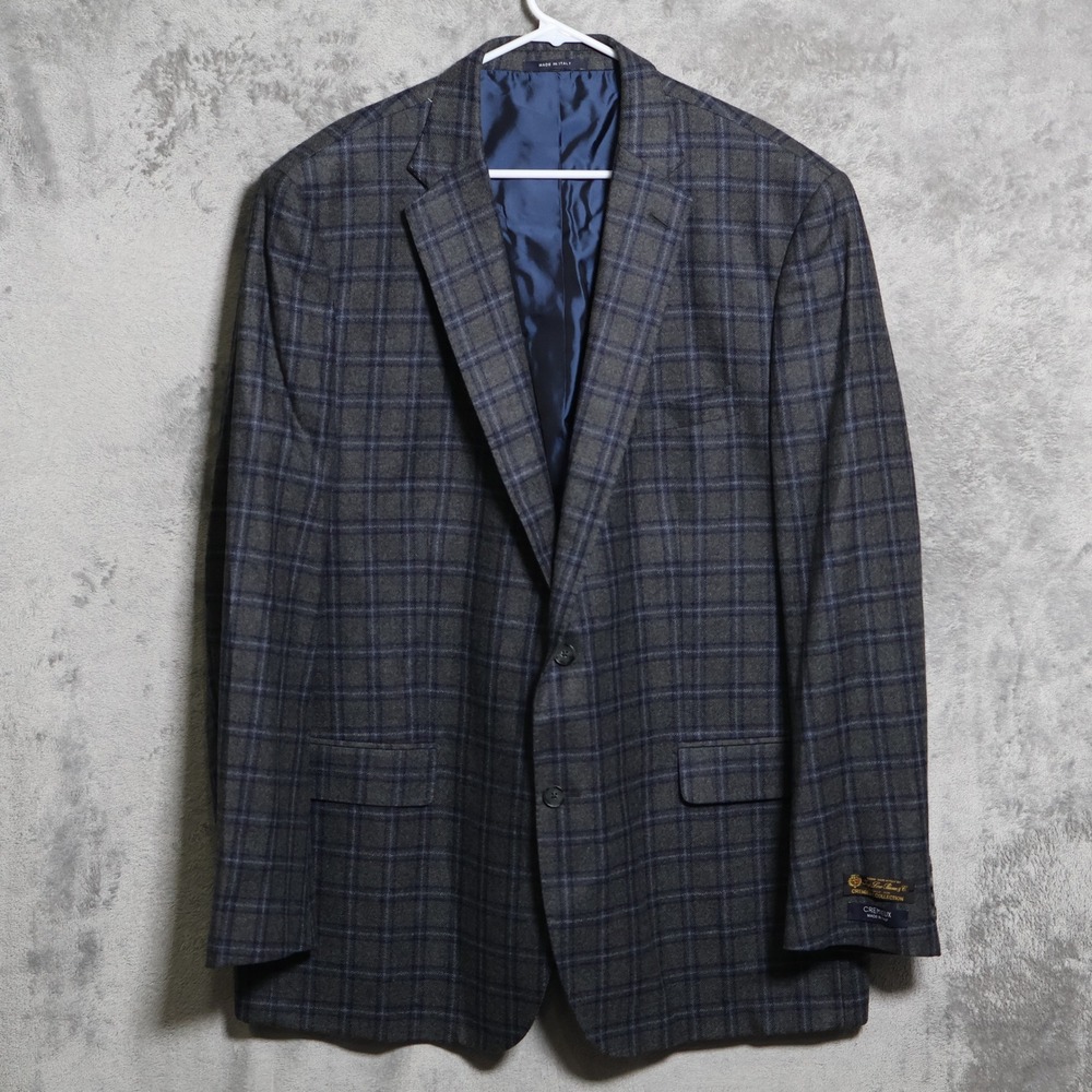Cremieux Loro Piana Sport Coat Mens 50 L Gray Blue Plaid Wool Cashmere Italy